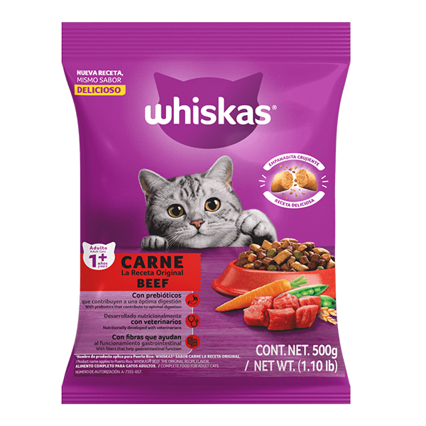 Alimento p/gato c/carne roja whiskas 500gr