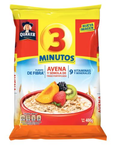 Avena 3 minutos quaker bolsa 380 gr pza