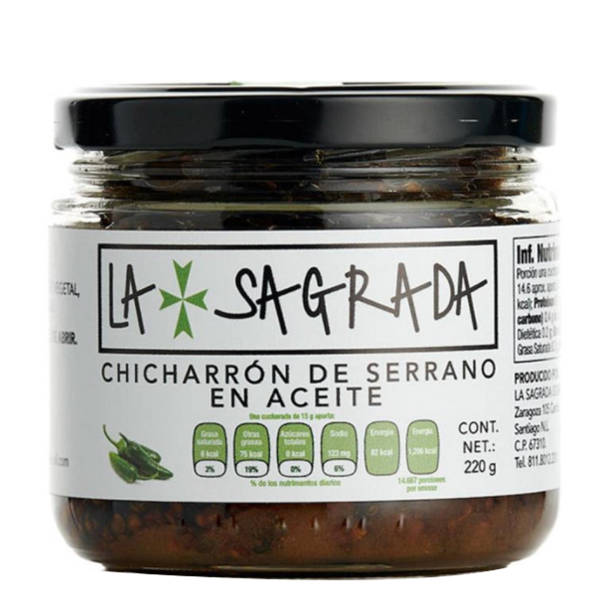 Chicharrón de Chile Serrano en Aceite la sagrada 220gr pza