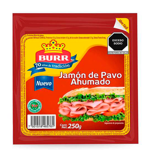 Jamón de pavo ahumado burr 250g pza