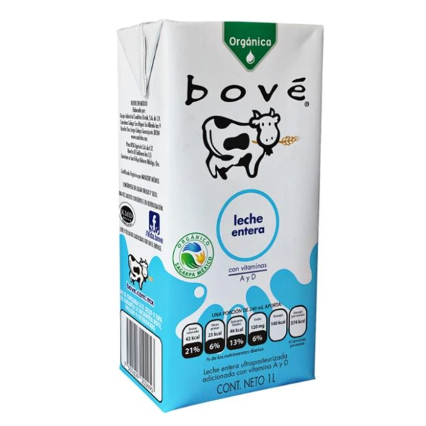 Leche entera orgánica bove 1lt pza