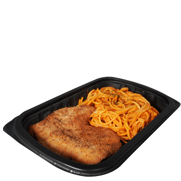 Milanesa de pollo con espaguetti rojo pza