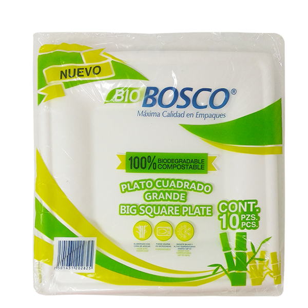 Plato cuadrado grande 26x26 cm. Biodegradable bosco 10 pzas.